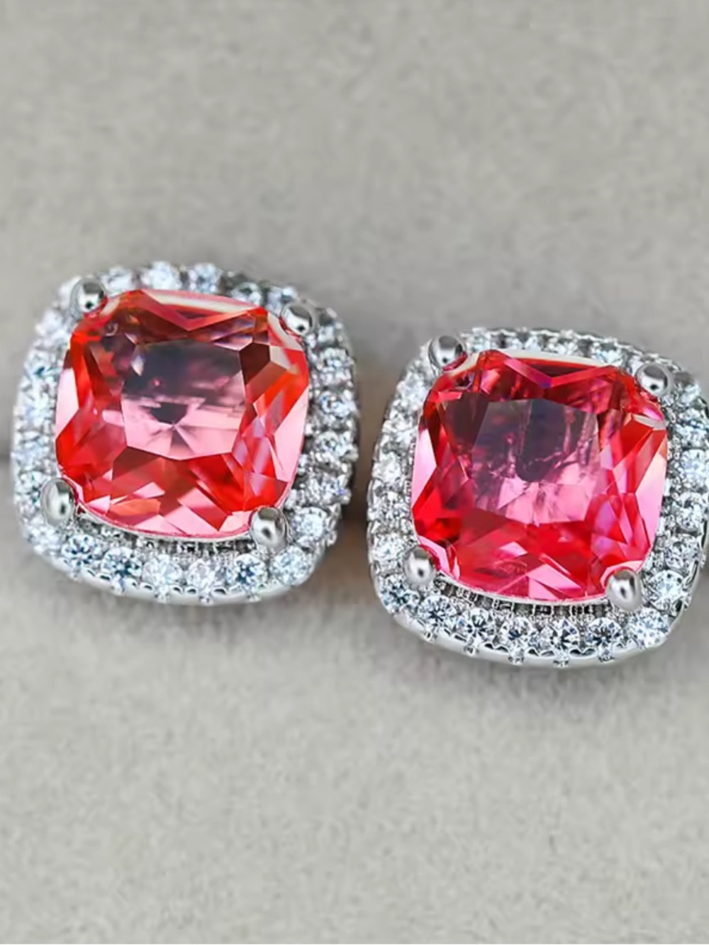 Vibrant Pink Cushion Halo Stud Earrings — Unbranded